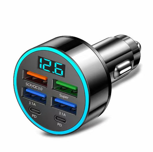 The new digital display car charger 4usb 66W fast charge PD mobile phone charging head a drag four with halo car charger
